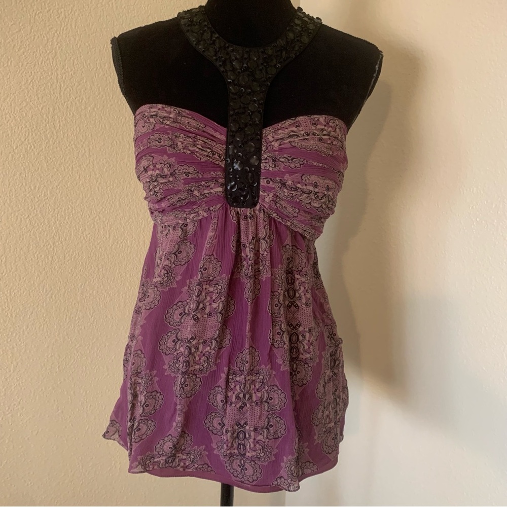 bebe Purple Strapless Blouse with Black Accents